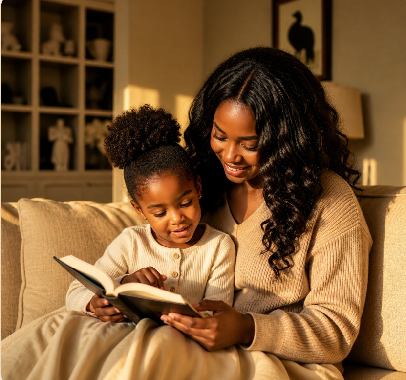 A mother reading the storybook with her child